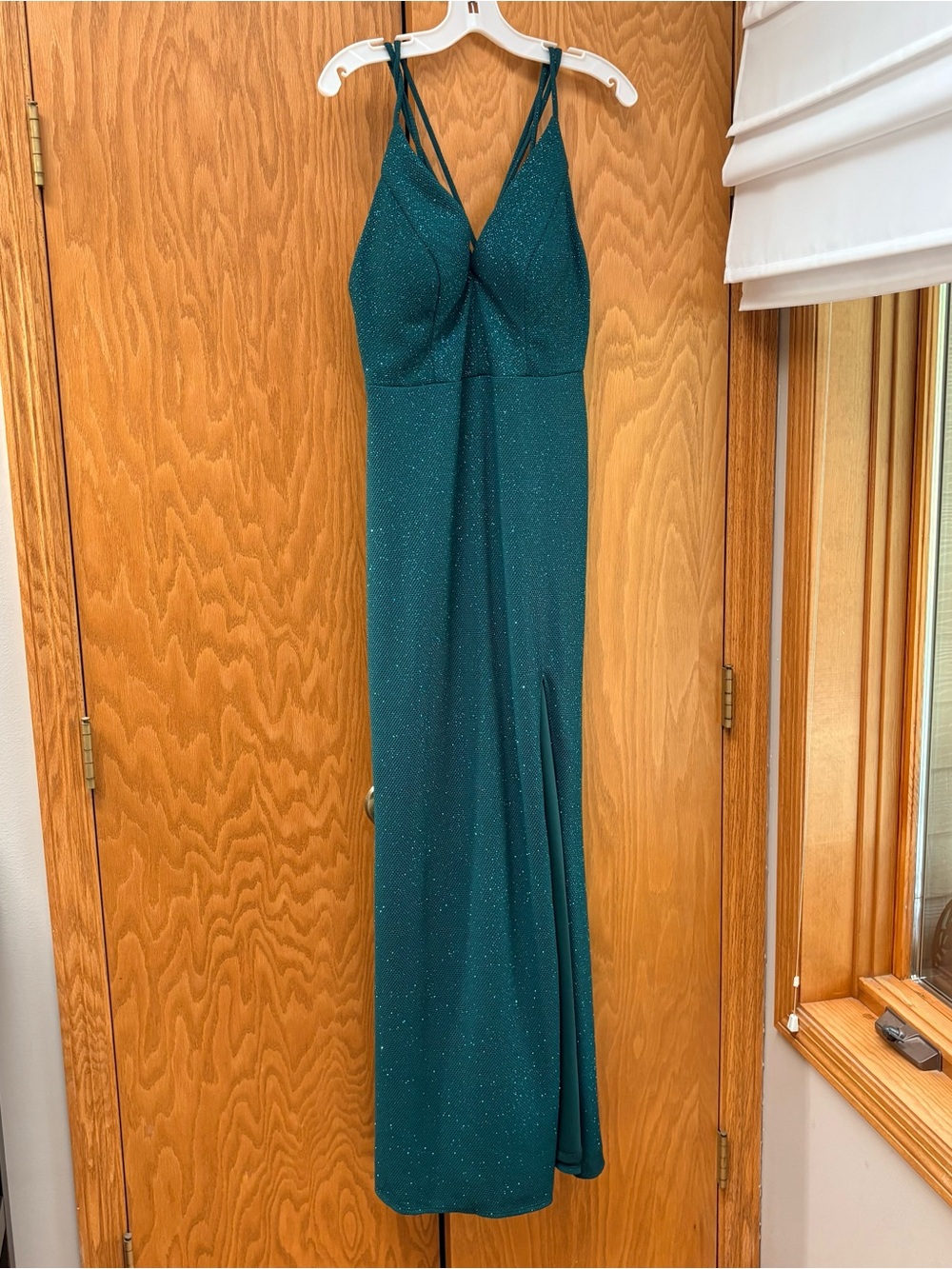 David's Bridal Emerald Green Sparkle V-Neck Maxi Dress